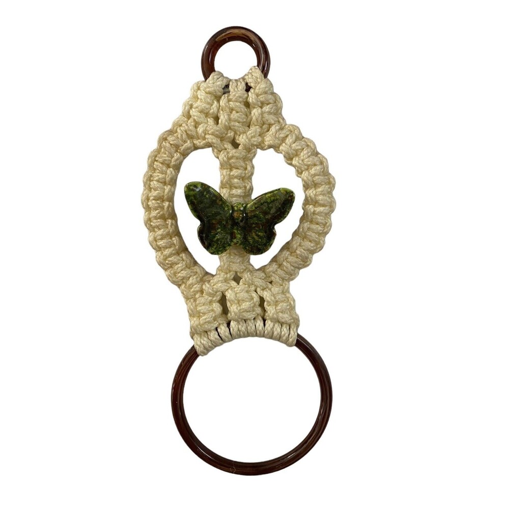 Butterfly Macrame Towel Holder Green Bohemian Mid Century MCM